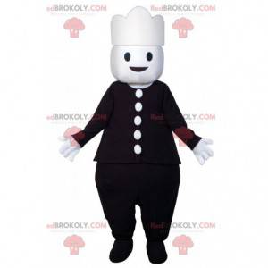 Sneeuwpop mascotte gekleed in het zwart. Mascotte van Playmobil
